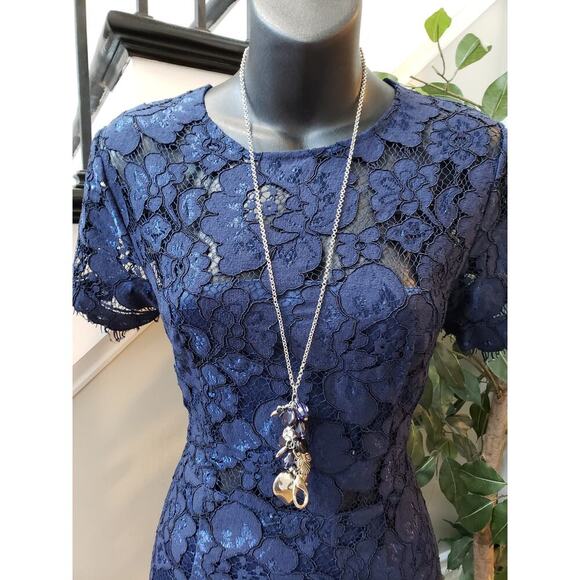 NSR Fit & Flare Dress Women Medium Blue Floral Overlay Lined Fringe Keyhole Back - Picture 3 of 14